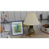 Image 1 : Brass Table Lamp & Framed Bird Picture 16" x 21"