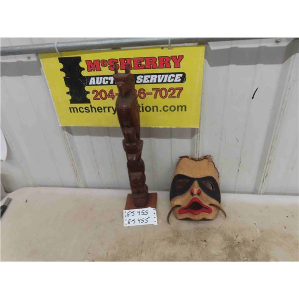 Wood Carved Todem Pole Display 20  Tall & Carved Tribal Mask -