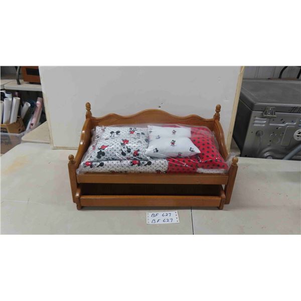 New Trundle Doll Bed 11" x 22" Complete with Mickey Mouse Bedding