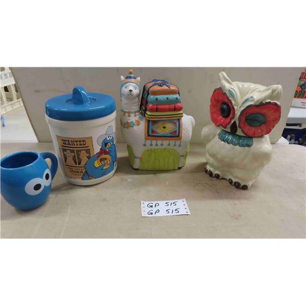 1984 Cookie Monster Cookie Jar + Mug, Shawree Owl Cookie Jar , Llama Cookie Jar