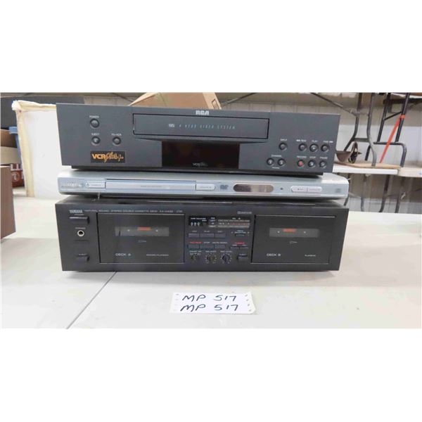 Phillips DVD Player, Yamaha Double Cassette Player, RCA VHS Player