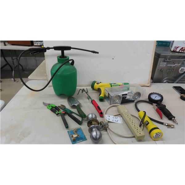 Garden Sprayer, Garden Tools, Clippers, Power Bar, Flashlight, Air Pressure Gauge 