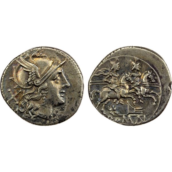 ROMAN REPUBLIC: Anonymous, AR denarius (3.81g), Rome, 206-195 BC, Choice VF