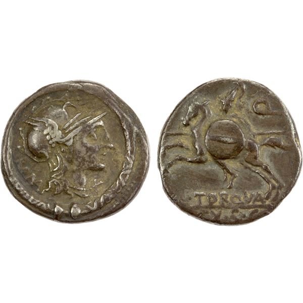 ROMAN REPUBLIC: L. Torquatus, AR denarius (3.89g), Rome, 113-112 BC, VF