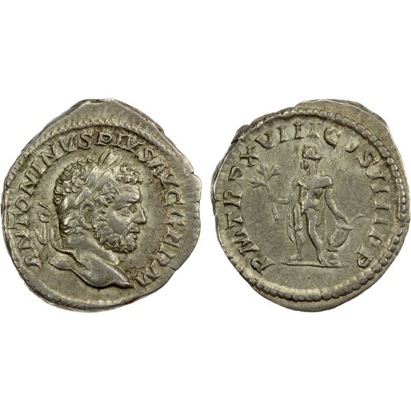 ROMAN EMPIRE: Caracalla, 198-217 AD, AR denarius (3.04g), Rome, 215 AD, Choice VF