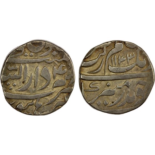MUGHAL: Aurangzeb, 1658-1707, AR rupee (10.87g), Burhanpur, "AH1143 year 4", VF