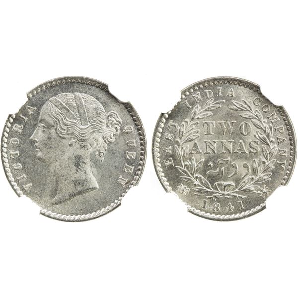 BRITISH INDIA: Victoria, Queen, 1837-1876, AR 2 annas, 1841(c), NGC MS64
