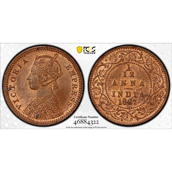 BRITISH INDIA: Victoria, Empress 1876-1901, AE 1/12 anna, 1897(c), PCGS MS64 RB