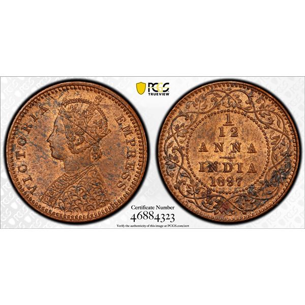 BRITISH INDIA: Victoria, Empress 1876-1901, AE 1/12 anna, 1897(c), PCGS MS63 RB