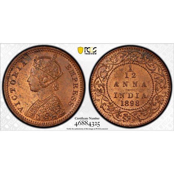 BRITISH INDIA: Victoria, Empress 1876-1901, AE 1/12 anna, 1898(c), PCGS MS64 RB