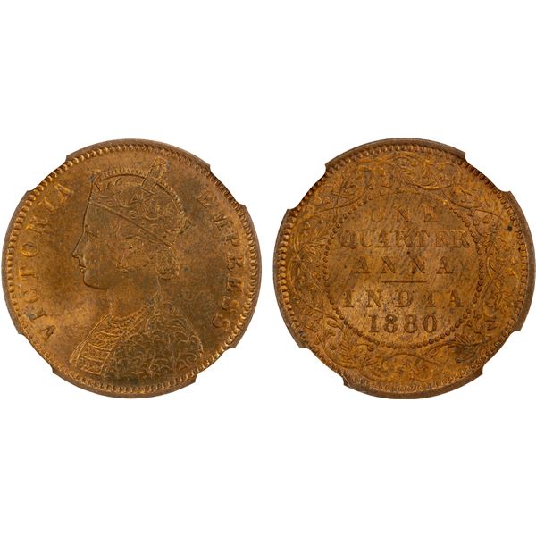 BRITISH INDIA: Victoria, Empress, 1876-1901, AE ¼ anna, 1880(c), NGC MS64 RB