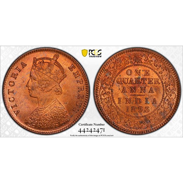 BRITISH INDIA: Victoria, Empress, 1876-1901, AE ¼ anna, 1893(c), PCGS MS65 RD