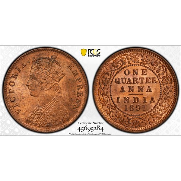 BRITISH INDIA: Victoria, Empress, 1876-1901, AE 1/4 anna, 1891(c), PCGS MS64 RB