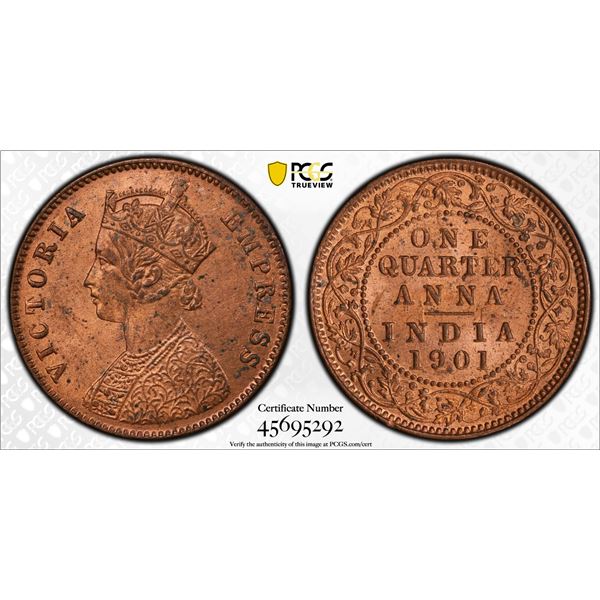 BRITISH INDIA: Victoria, Empress, 1876-1901, AE 1/4 anna, 1901(c), PCGS MS64 RB