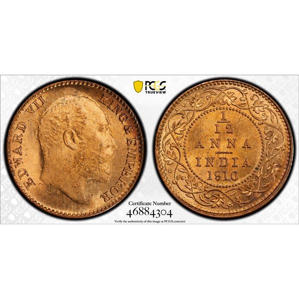 BRITISH INDIA: Edward VII, 1901-1910, AE 1/12 anna, 1910(c), PCGS MS65 RD