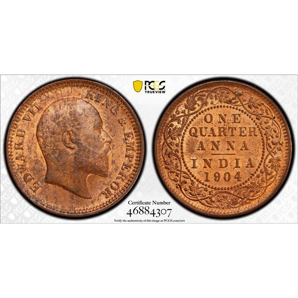 BRITISH INDIA: Edward VII, 1901-1910, AE 1/4 anna, 1904(c), PCGS MS64 RB