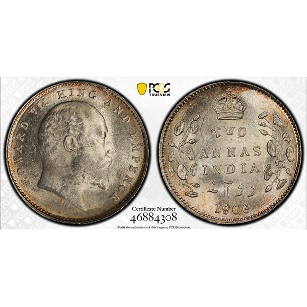 BRITISH INDIA: Edward VII, 1901-1910, AR 2 annas, 1906(c), PCGS MS64