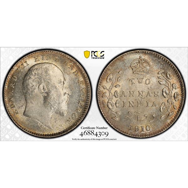 BRITISH INDIA: Edward VII, 1901-1910, AR 2 annas, 1910(c), PCGS MS65