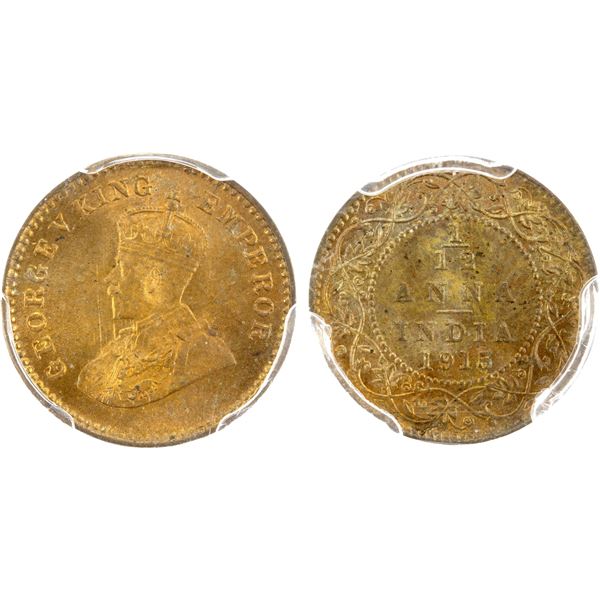 BRITISH INDIA: George V, 1910-1936, AE 1/12 anna, 1915(c), PCGS MS65 RB