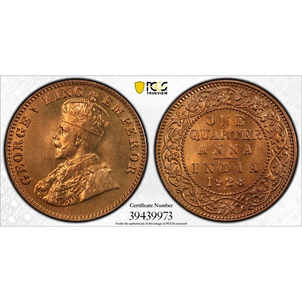 BRITISH INDIA: George V, 1910-1936, AE ¼ anna, 1928(b), PCGS MS66 RD