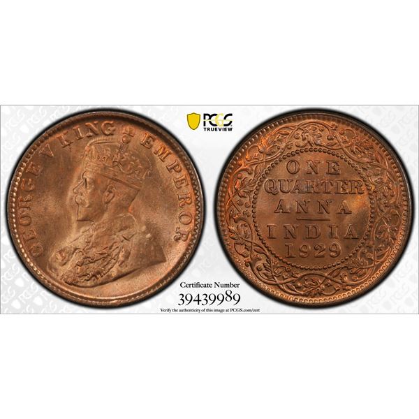 BRITISH INDIA: George V, 1910-1936, AE ¼ anna, 1929(c), PCGS MS66 RB