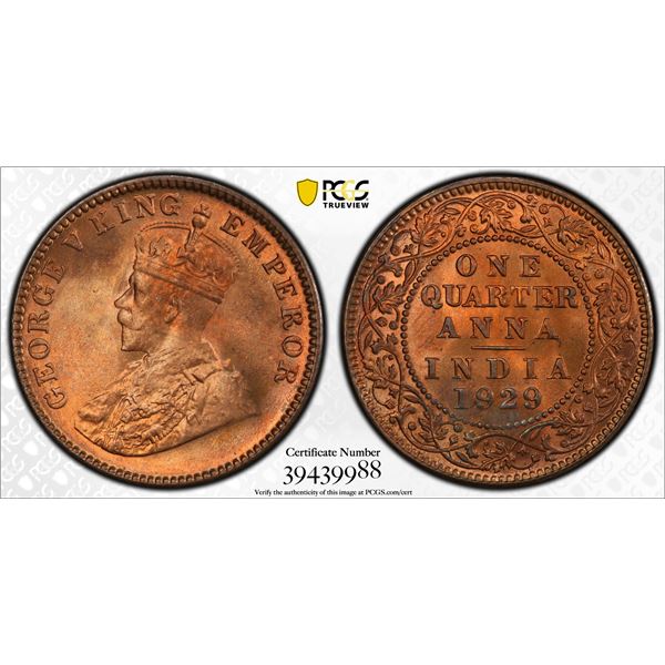 BRITISH INDIA: George V, 1910-1936, AE ¼ anna, 1929(c), PCGS MS65 RB