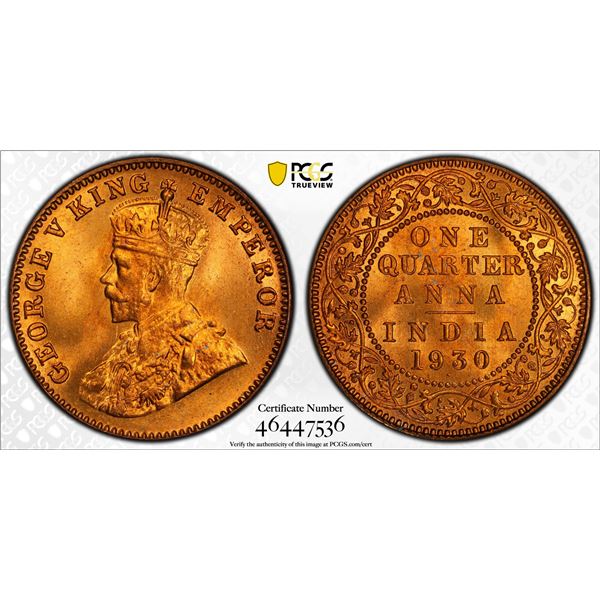 BRITISH INDIA: George V, 1910-1936, AE 1/4 anna, 1930(b), PCGS MS66 RD