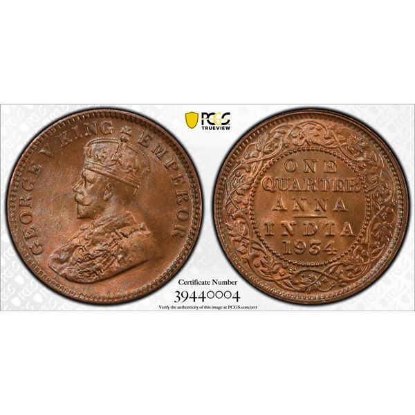 BRITISH INDIA: George V, 1910-1936, AE ¼ anna, 1934(c), PCGS MS66 RB