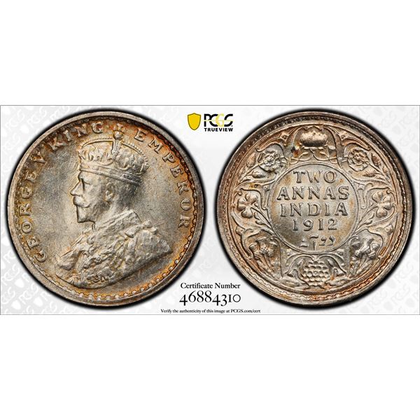 BRITISH INDIA: George V, 1910-1936, AR 2 annas, 1912(b), PCGS MS64