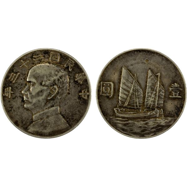 CHINA: Republic, AR dollar, year 23 (1934), VF-EF