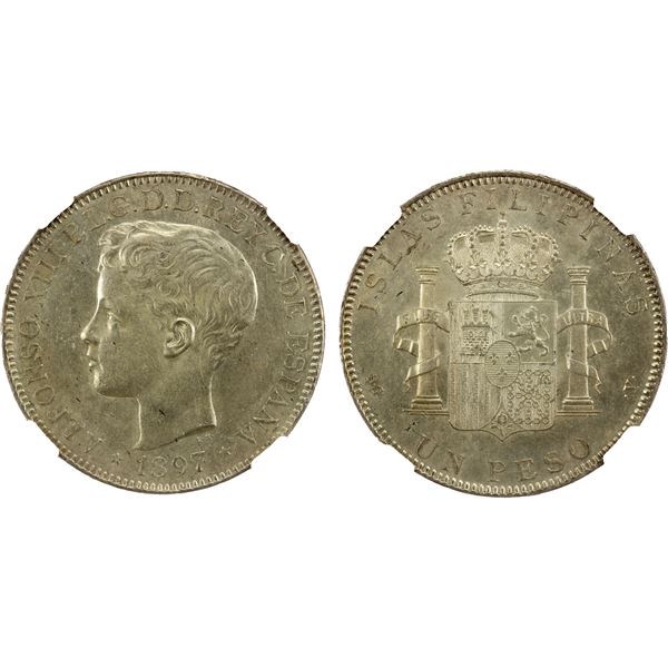 PHILIPPINES: Alfonso XIII, 1886-1931, AR peso, 1897, NGC AU details