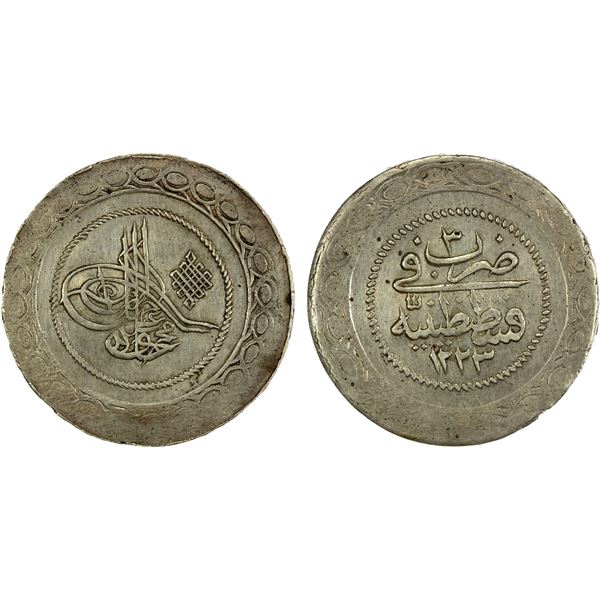 TURKEY: Mahmud II, 1808-1839, AR 5 piastres, Kostantiniye, AH1223 year 3, VF-EF