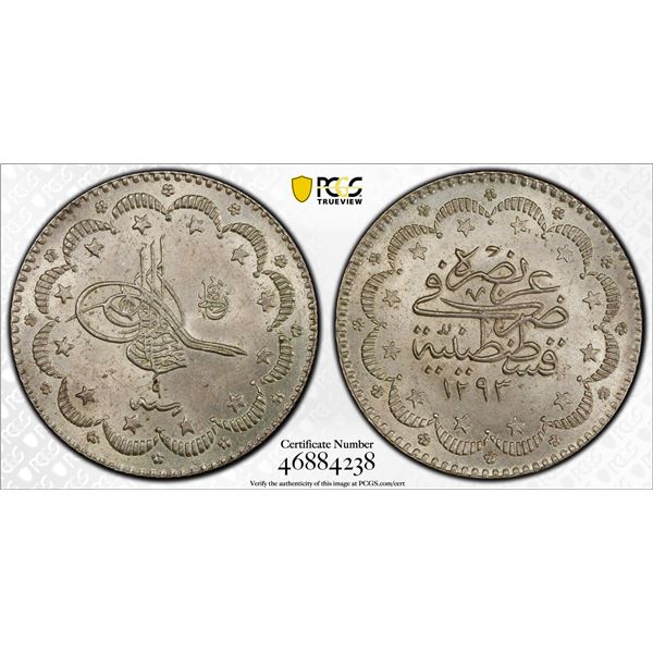 TURKEY: Abdul Hamid II, 1876-1909, AR 5 kurush, Kostantiniye, AH1293 year 9, PCGS MS63