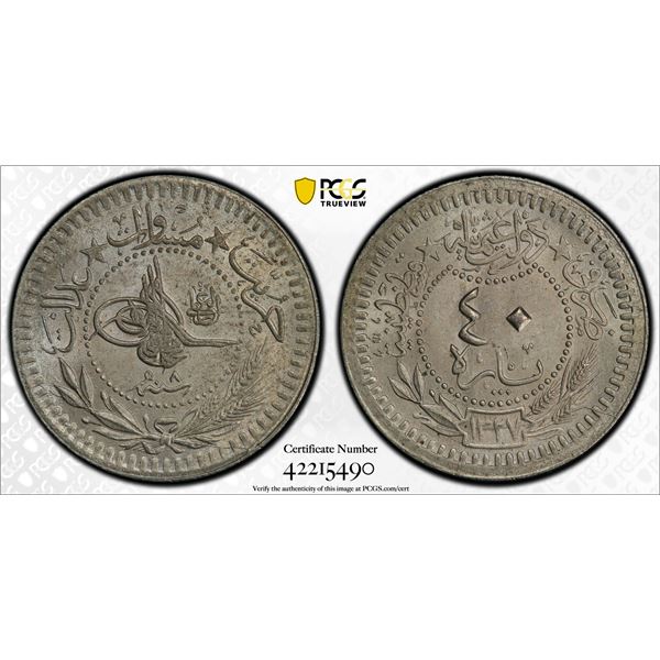 TURKEY: Mehmet V, 1909-1918, 40 para, Kostantiniye, AH1327 year 8, PCGS MS65