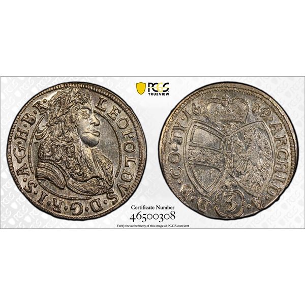 AUSTRIA: Leopold I, 1657-1705, AR 3 kreuzer, Hall, 1689, PCGS MS64