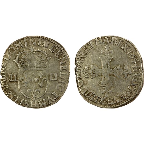 FRANCE: Louis XIV, 1643-1715, AR ¼ ecu (9.39g), La Rochelle, 1644-H, F-VF