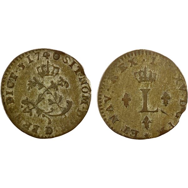 FRANCE: Louis XV, 1715-1774, BI 2 sols (1.04g), Lyon, 1740-D, F-VF