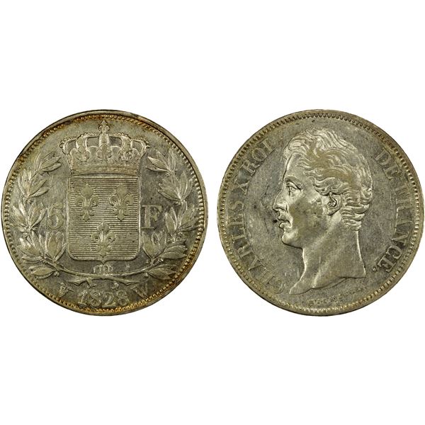 FRANCE: Charles X, 1824-1830, AR 5 francs, 1828-W, EF