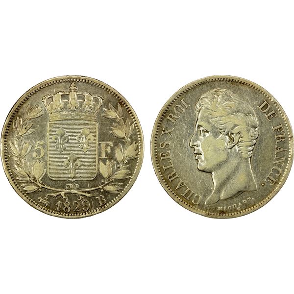 FRANCE: Charles X, 1824-1830, AR 5 francs, 1829-B, choice VF