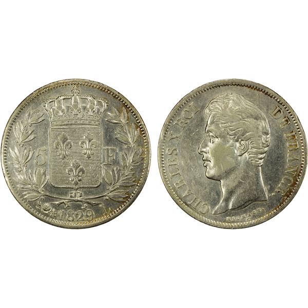 FRANCE: Charles X, 1824-1830, AR 5 francs, 1829-L, EF