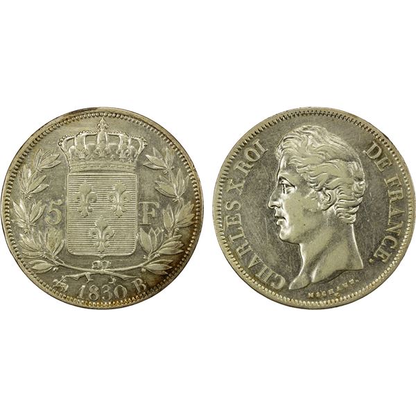 FRANCE: Charles X, 1824-1830, AR 5 francs, 1830-B, VF-EF