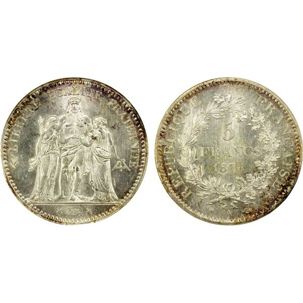 FRANCE: Third Republic, AR 5 francs, 1876-A, ANACS graded MS62