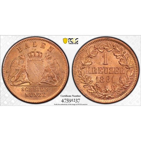 BADEN: Friedrich I, 1856-1907, AE kreuzer, 1861, PCGS MS65 RD