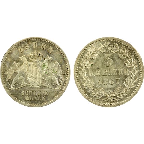 BADEN: Friedrich I, as Grand Duke, 1856-1907, AR 3 kreuzer, 1867, Unc