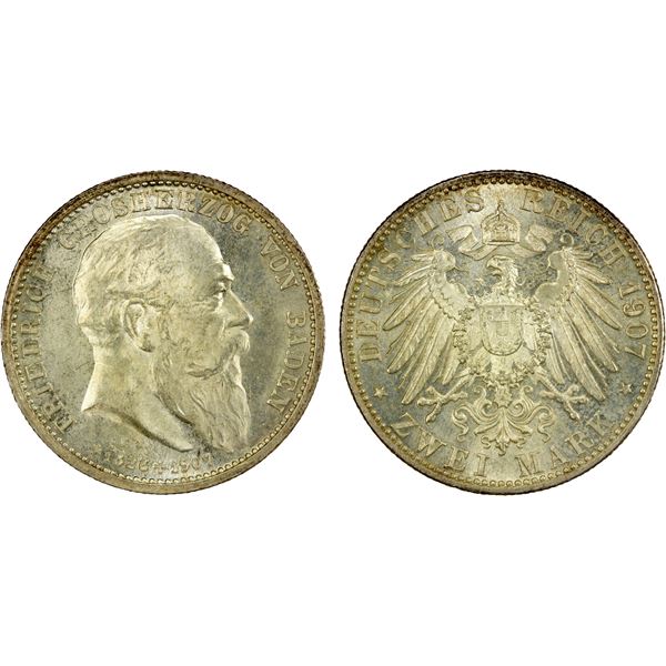 BADEN: Friedrich II, 1907-1918, AR 2 mark, 1907, choice Unc