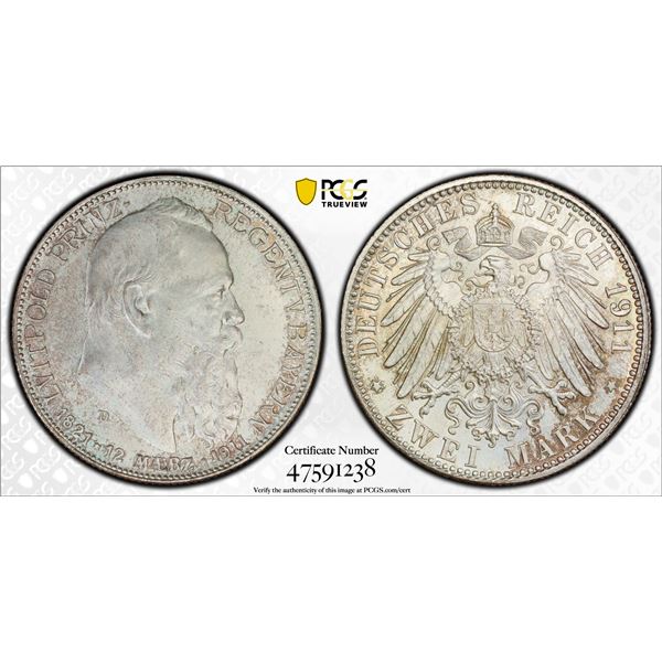BAVARIA: Luitpold, 1886-1912, AR 2 mark, 1911-D, PCGS MS64