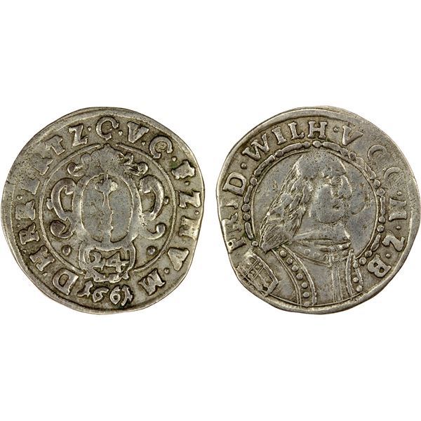 BRANDENBURG-PRUSSIA: Friedrich Wilhelm, 1640-1688, AR groschen, Halberstadt, 1661, EF
