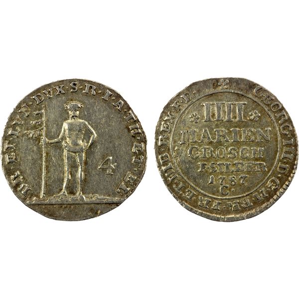 BRUNSWICK-LÜNEBURG-CALENBERG-HANOVER: George III, 1760-1814, AR 4 mariengroschen, 1787, Choice EF