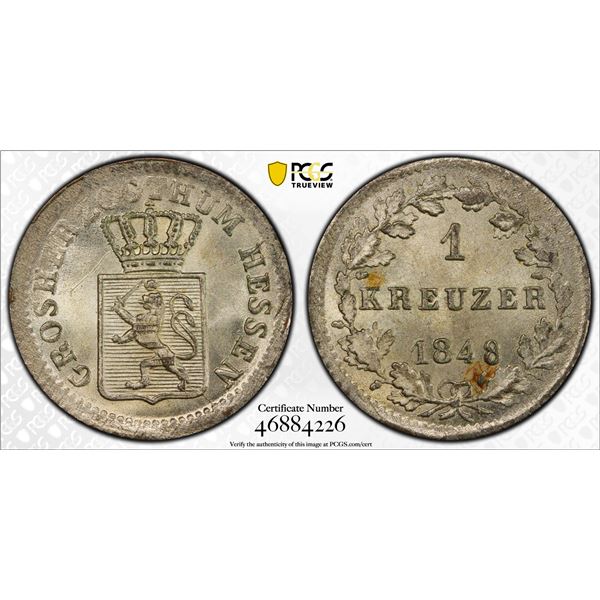 HESSE-DARMSTADT: Ludwig III, 1848-1877, AR kreuzer, 1848, PCGS MS64