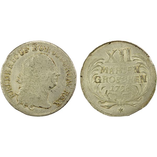 PRUSSIA: Friedrich II, 1740-1786, AR mariengroschen, Dresden, 1758, AU